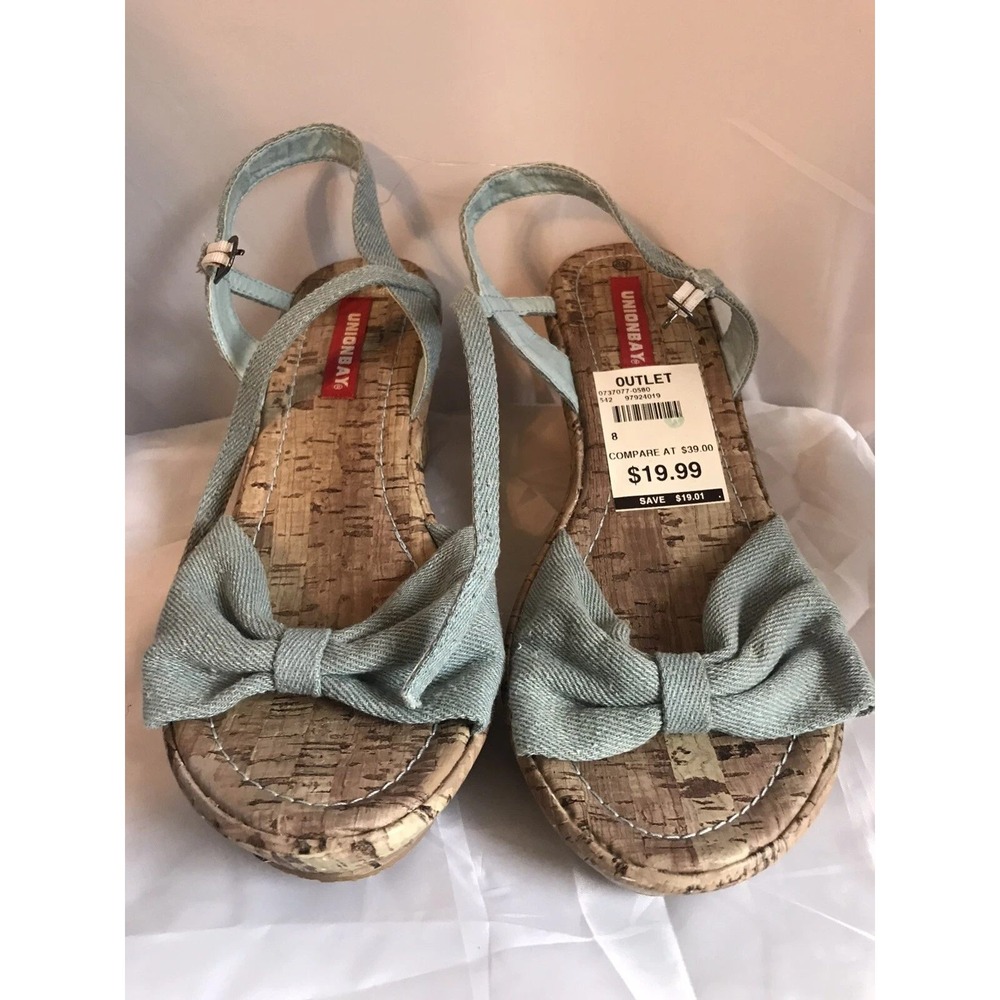 Unionbay Nadine Light Blue Denim Cork Wedge Sandals Bow Accent Size 8M